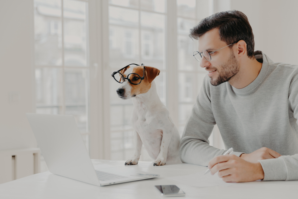 man and a dog at a desk looking at a computer screen